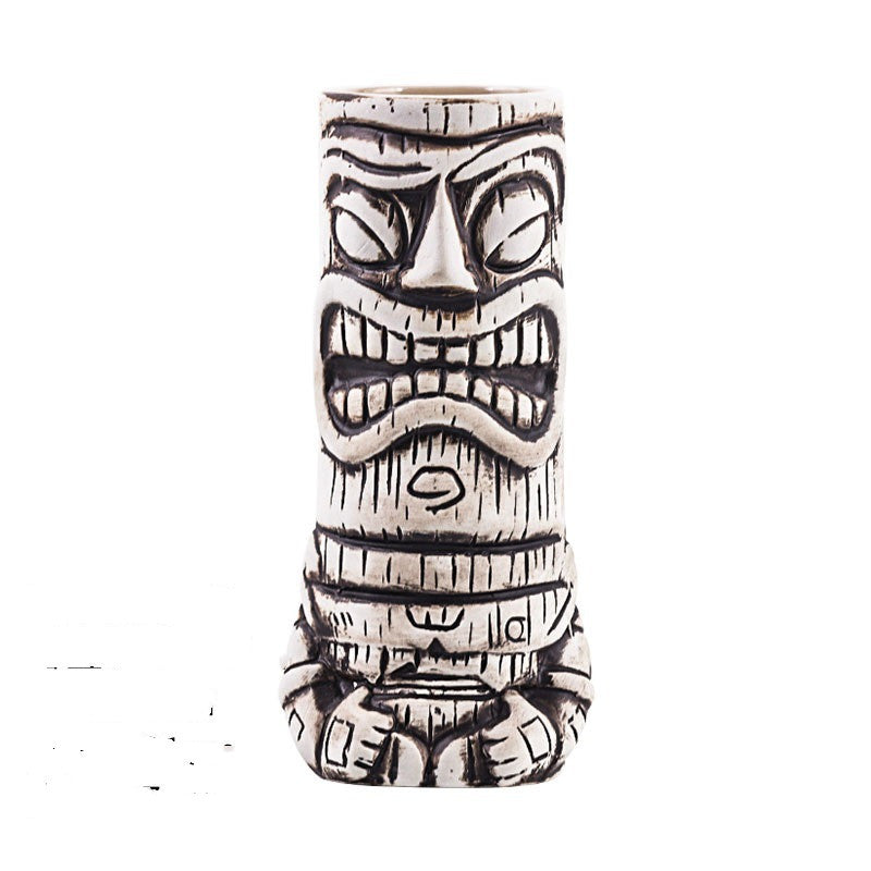 Handcrafted ceramic Tiki mug featuring the Moai Sentinel design by WoodyKitchenware, perfect for tropical drinks.