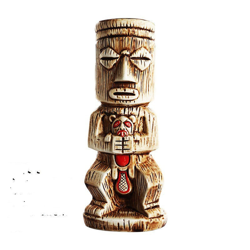 Ceramic Tiki Mug featuring the Moai Sentinel design by WoodyKitchenware, handcrafted ceramic drink cup with a detailed tiki face.