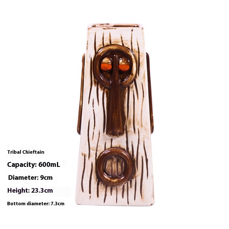 Handcrafted ceramic Tiki mug featuring Moai Sentinel design by WoodyKitchenware, perfect for tropical drinks and collectible decor.