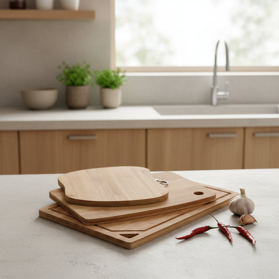 WoodyKitchenware bamboo cutting board with classification compartments for organized food prep in the kitchen.