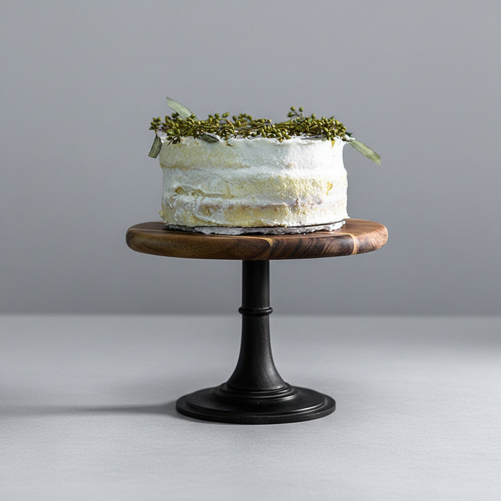 Wooden cake stand made of solid acacia by WoodyKitchenware, featuring a 21cm pedestal design for elegant presentation.