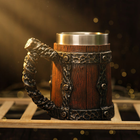 Vintage stainless steel mug by WoodyKitchenware, 600ml medieval-style beer tankard with wooden barrel design.
