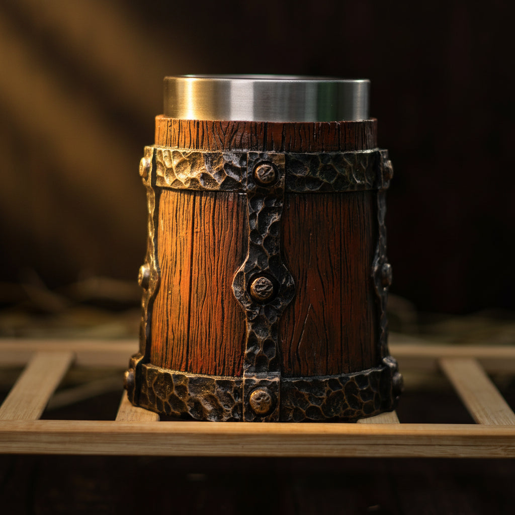 Vintage stainless steel mug by WoodyKitchenware, 600ml medieval-style beer tankard with wooden barrel design.