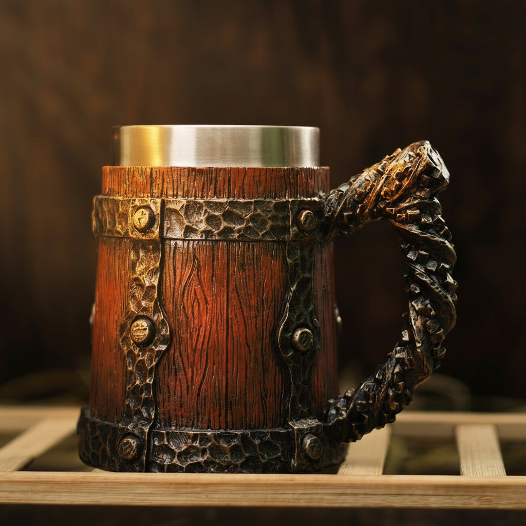 Vintage stainless steel mug by WoodyKitchenware, 600ml barrel-shaped beer tankard with rustic wooden handle and metal finish.