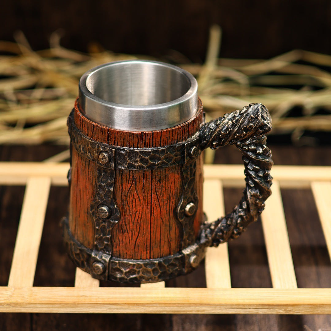 Vintage stainless steel mug by WoodyKitchenware, medieval-style wooden barrel-shaped beer tankard with 600ml capacity.