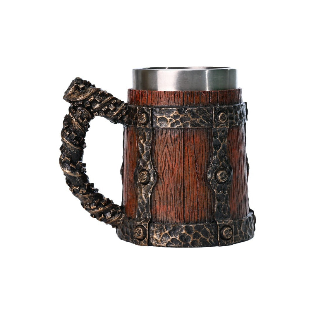 Vintage stainless steel mug by WoodyKitchenware, 600ml medieval-style beer tankard with wooden barrel design.