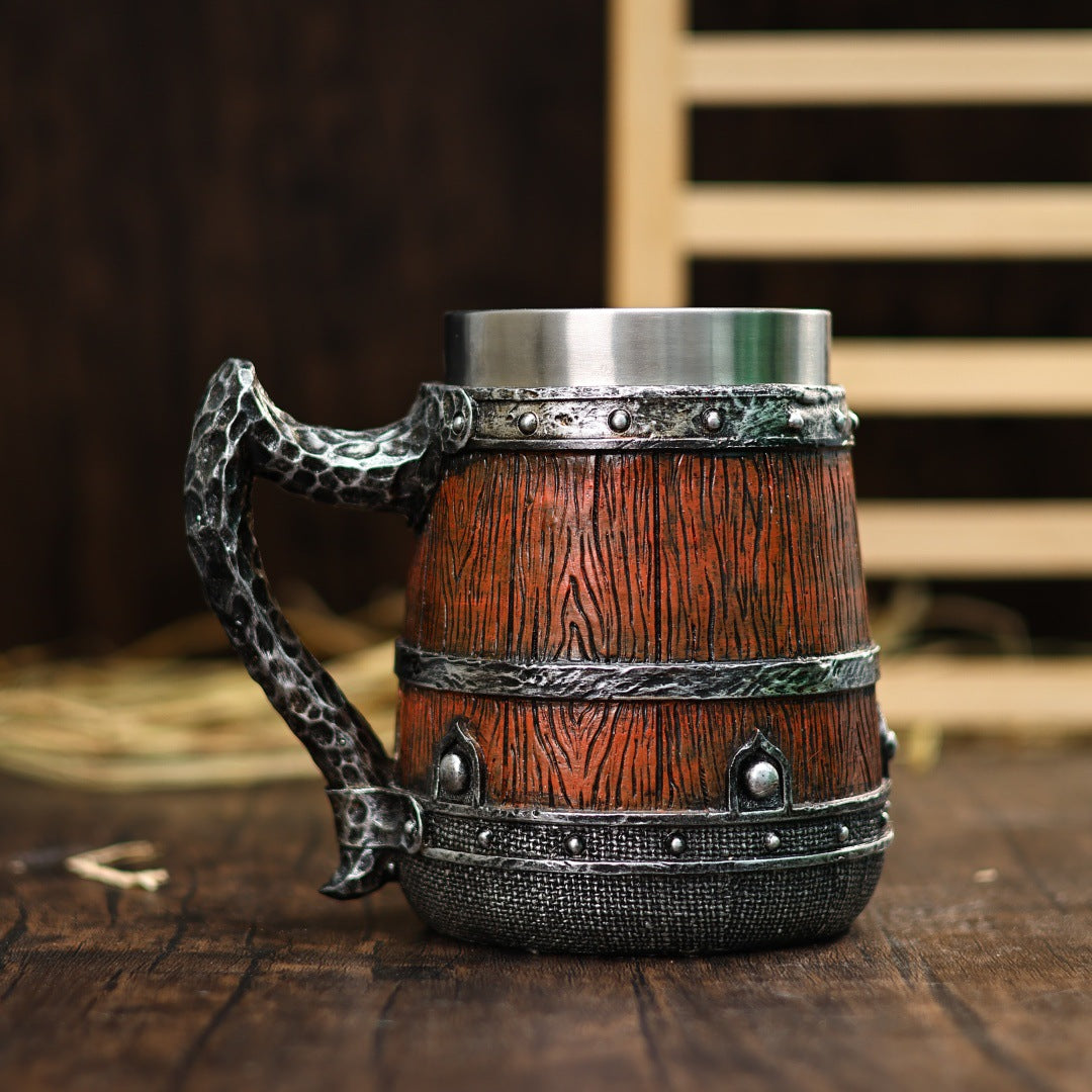Vintage stainless steel mug by WoodyKitchenware, 600ml medieval-style beer tankard with wooden barrel design and rustic finish.
