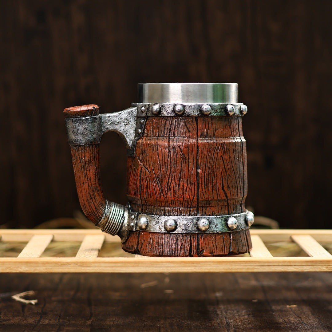 Vintage stainless steel mug by WoodyKitchenware, 600ml medieval-style beer tankard with wooden barrel design.