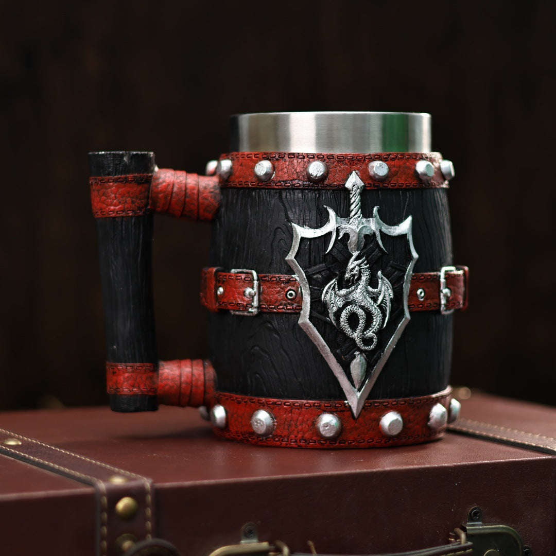Vintage stainless steel mug by WoodyKitchenware featuring a rustic wooden barrel design, 600ml capacity, perfect for medieval-style drinking.