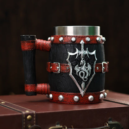 Vintage stainless steel mug by WoodyKitchenware featuring a rustic wooden barrel design, 600ml capacity, perfect for medieval-style drinking.
