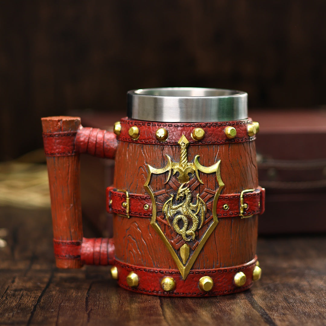 Vintage stainless steel mug by WoodyKitchenware featuring a wooden barrel design, 600ml capacity, medieval-inspired beer tankard.