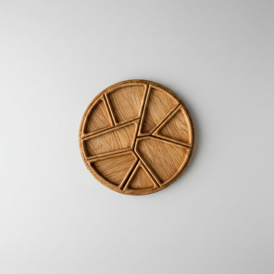Irregular dividing wood serving tray by Woody's Rituals, perfect for dim sum, fruit, or decorative display, with unbreakable circles.