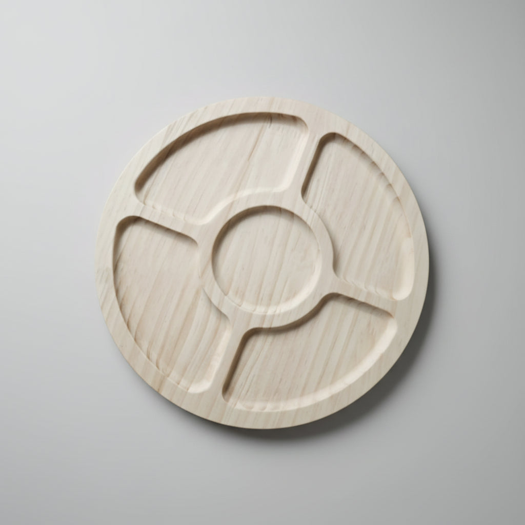 Wooden decorative tray with irregular divided sections for dim sum or fruit, by WoodyKitchenware, 25x25x3cm, solid wood construction.