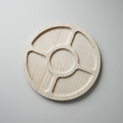 Wooden decorative tray with irregular divided sections for dim sum or fruit, by WoodyKitchenware, 25x25x3cm, solid wood construction.