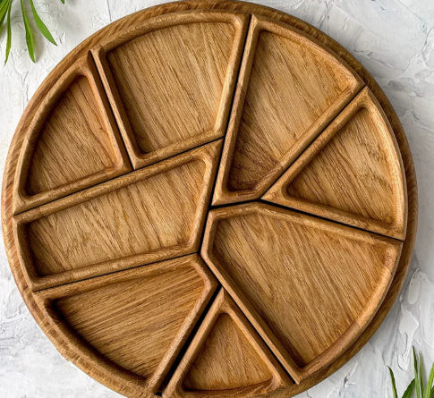 Wooden irregular dividing tray from WoodyKitchenware, perfect for serving dim sum or fruit with unbreakable circular sections.