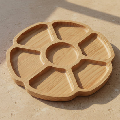 Wooden dividing tray by WoodyKitchenware featuring irregular circular sections, perfect for serving dim sum or fruit.