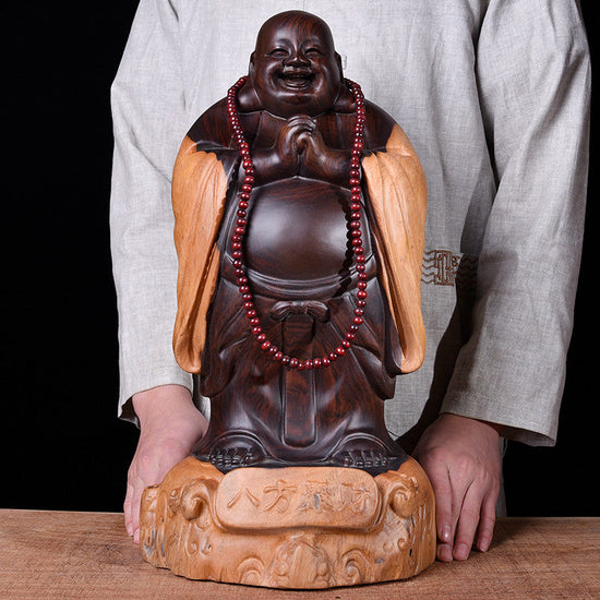 Wooden Buddha statue by WoodyKitchenware, ebony laughing guardian solid timber sculpture, 30cm, handcrafted wooden decor.