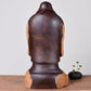 Wooden Buddha statue by WoodyKitchenware, ebony laughing guardian solid timber sculpture, displayed with intricate carved details.