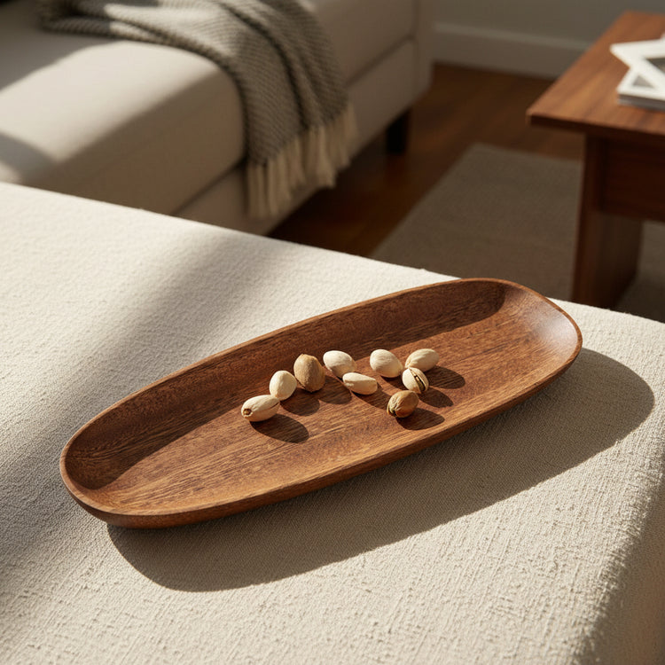 Rustic acacia wood tray by WoodyKitchenware, irregular shape, handcrafted cake and dinner plate for home or hotel use.