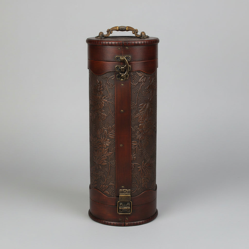 Wooden wine box by WoodyKitchenware, vintage cylinder solid timber storage container for wine, with natural wood grain details.