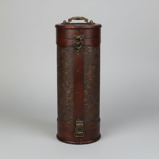 Wooden wine box by WoodyKitchenware, vintage cylinder solid timber storage container for wine, with natural wood grain details.
