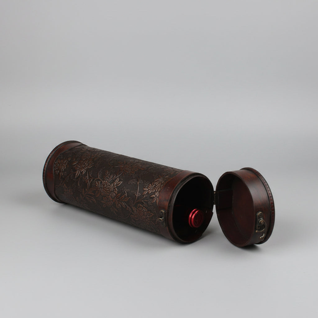 Vintage wooden wine box by WoodyKitchenware, solid timber cylinder wine storage container with natural wood grain design.