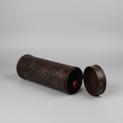 Vintage wooden wine box by WoodyKitchenware, solid timber cylinder wine storage container with natural wood grain design.