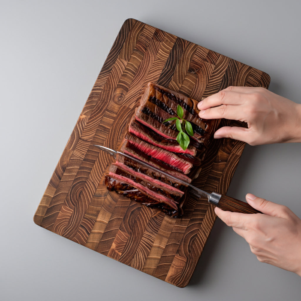 Square solid teak chopping board by WoodyKitchenware, 34x24x2.5cm, featuring smooth surface and natural wood grain for everyday use.