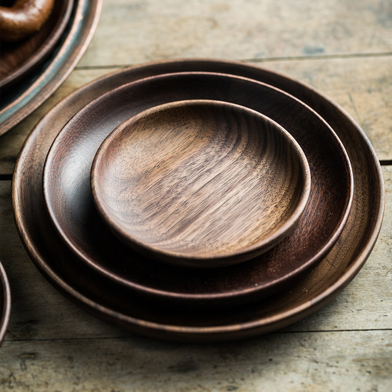 Black Walnut Round Dish by WoodyKitchenware, elegant serving bowl for dried fruits, desserts, and snacks, crafted from black walnut wood.