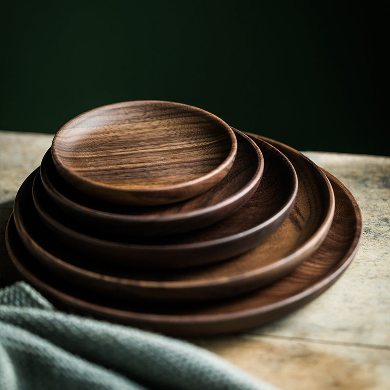 Black Walnut Round Dish by WoodyKitchenware, elegant serving platter for dried fruits and desserts, handcrafted wood design.