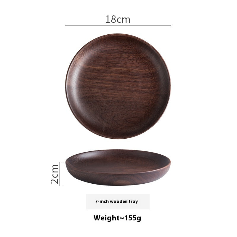 Black Walnut Round Dish by WoodyKitchenware, elegant serving plate for dried fruits and desserts, showcasing natural wood grain.