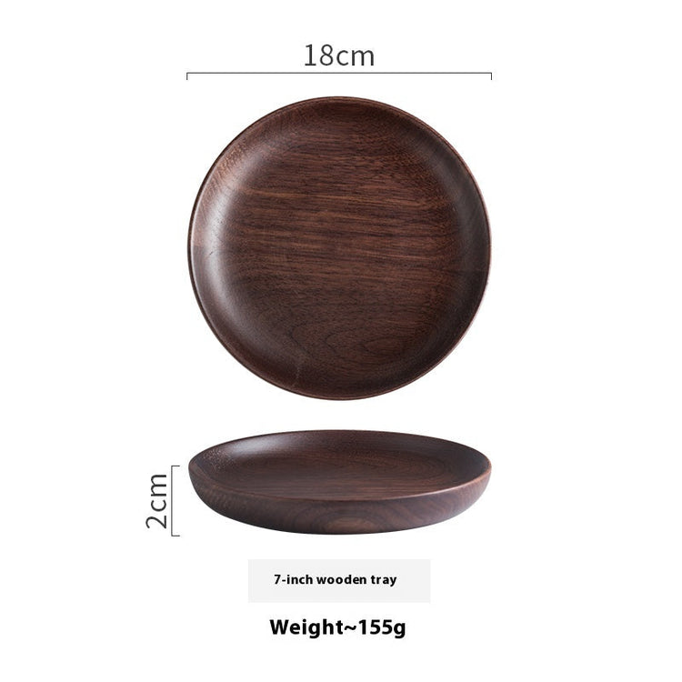 Black Walnut Round Dish by WoodyKitchenware, elegant serving plate for dried fruits and desserts, showcasing natural wood grain.