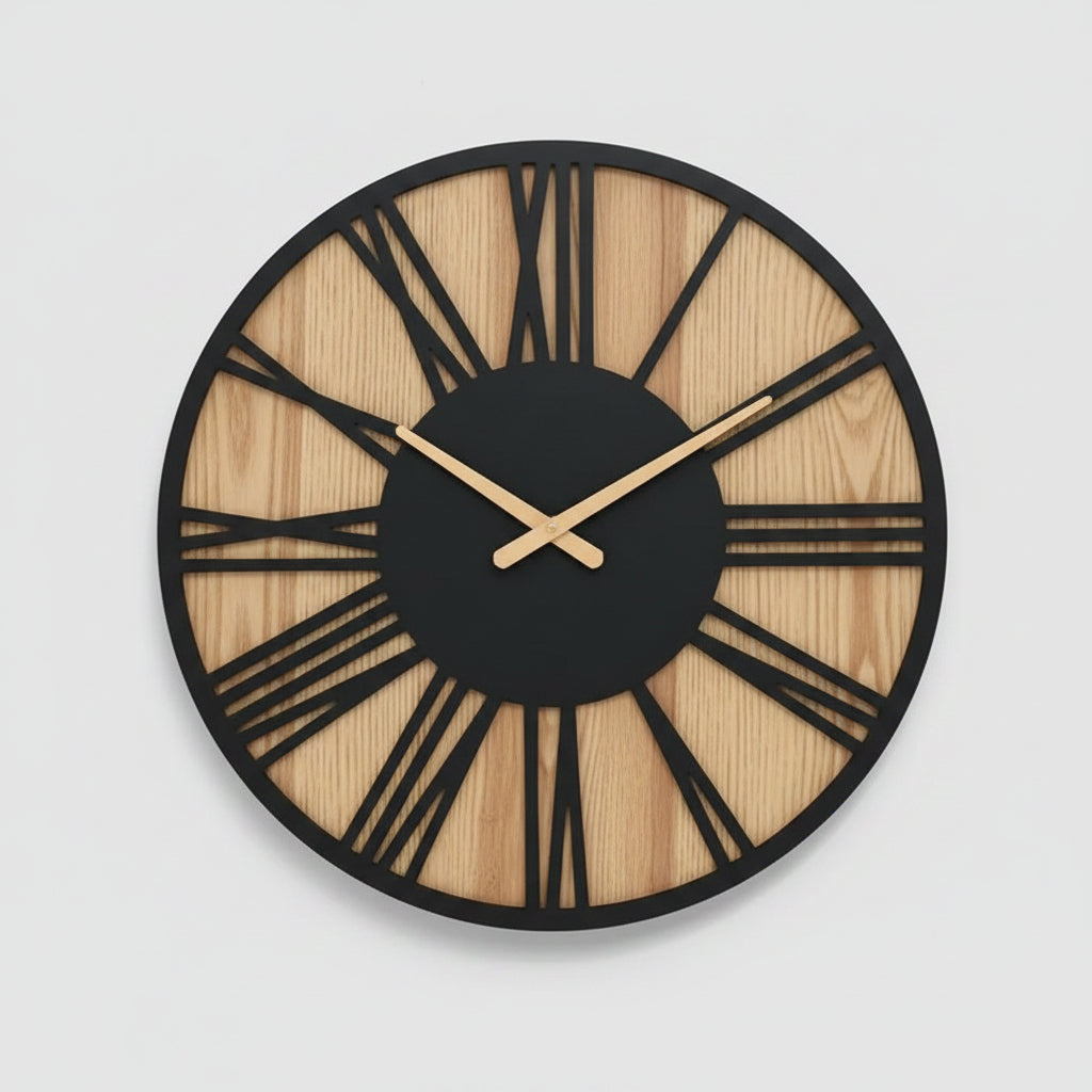 Wooden wall clock by WoodyKitchenware featuring industrial forge design and solid timber construction for rustic home decor.