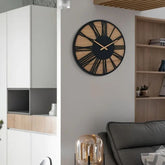 Wooden wall clock with industrial forge design, made from solid timber by WoodyKitchenware, showcasing a rustic, natural finish.