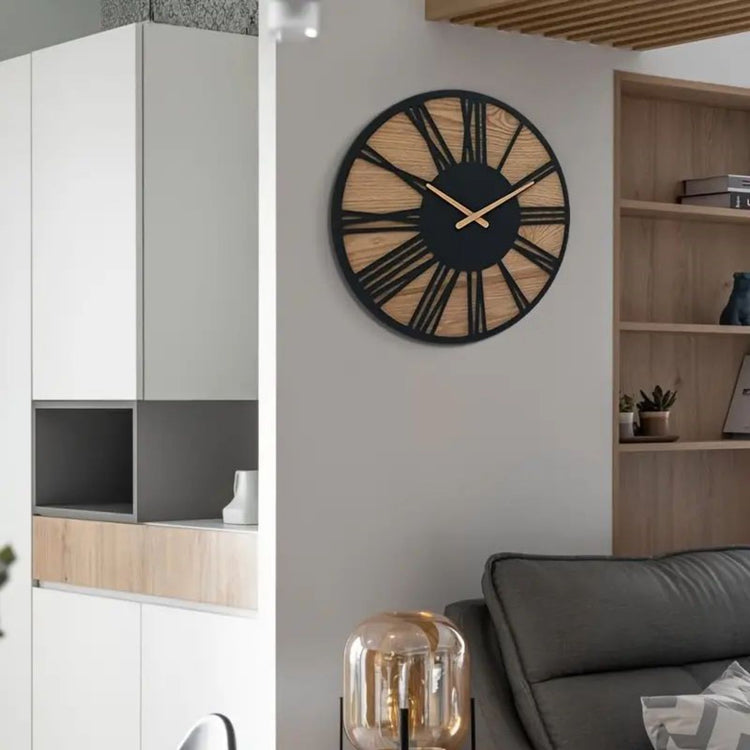 Wooden wall clock with industrial forge design, made from solid timber by WoodyKitchenware, showcasing a rustic, natural finish.