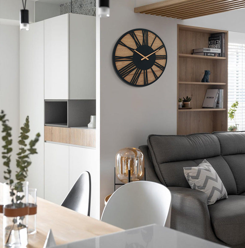 Wooden wall clock by WoodyKitchenware featuring a rustic industrial forge design and solid timber construction.