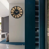 Wooden wall clock with industrial design, crafted from solid timber by WoodyKitchenware, showcasing a rustic, modern timepiece.