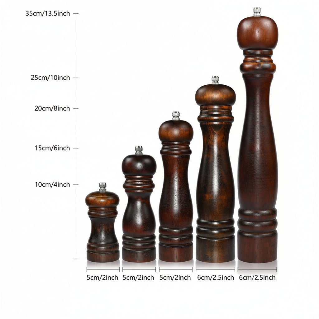 Wooden pepper grinder and spice bottle by WoodyKitchenware, featuring a manual ceramic mill and compact wooden design.