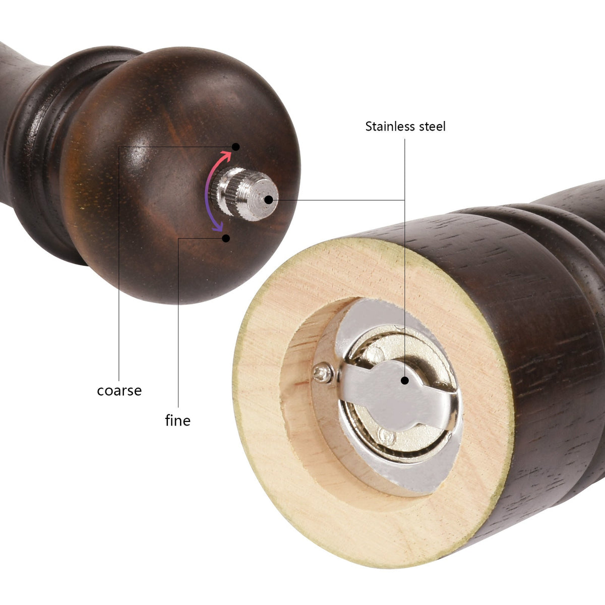 Wooden pepper grinder and spice bottle with manual ceramic mill by WoodyKitchenware, showcasing a crafted wooden design.