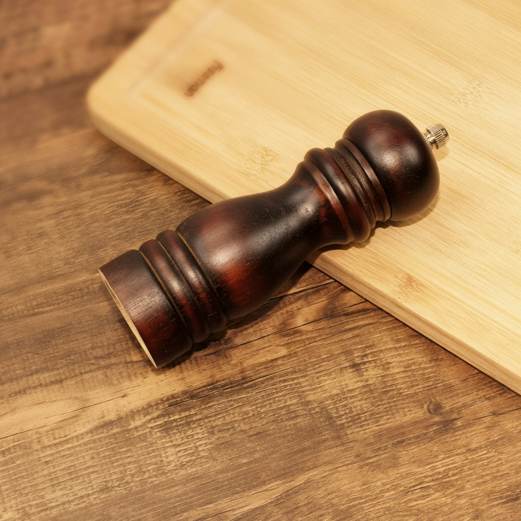 Wooden pepper grinder and spice bottle by WoodyKitchenware, featuring a manual ceramic mill and natural wood finish.