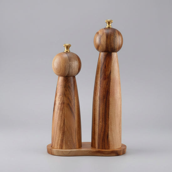 Acacia wood round head spice grinder by WoodyKitchenware, manual ceramic mill for fresh spice grinding, natural wood finish.