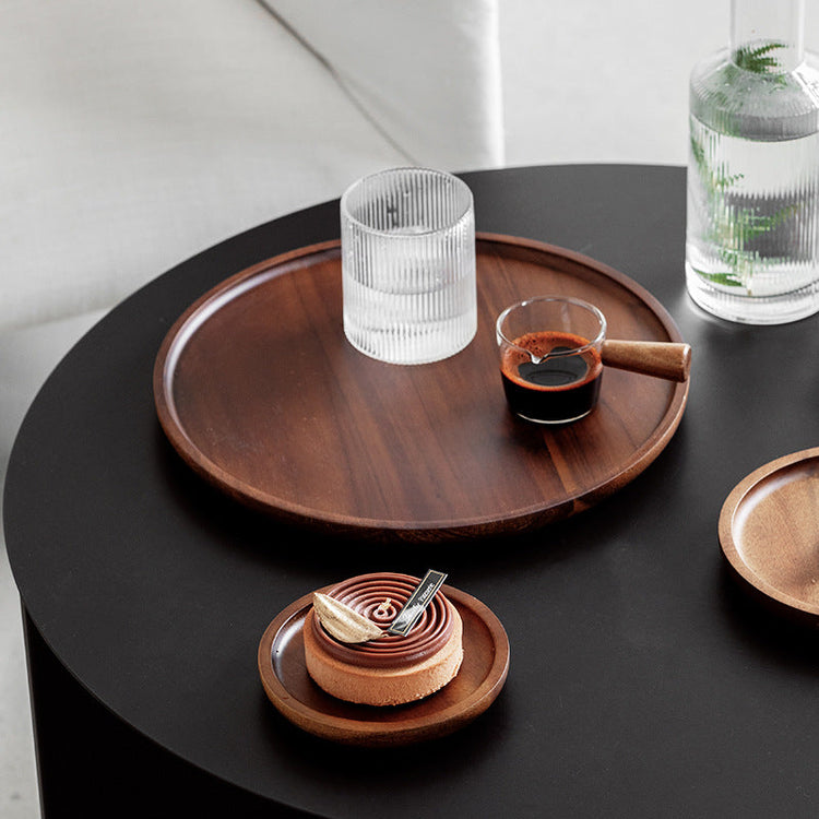 Elegant round wooden Japanese storage cake tray by WoodyKitchenware, showcasing smooth polished surface and sturdy craftsmanship.