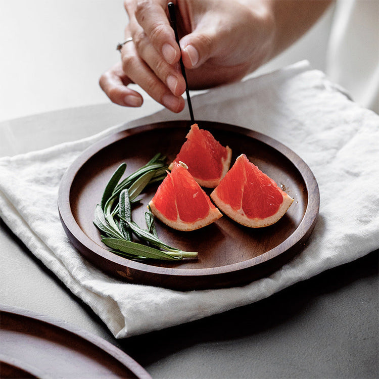 Elegant wooden circular Japanese storage cake tray and stand by WoodyKitchenware, showcasing smooth wood finish and round design.