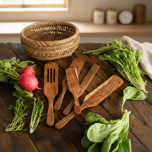 Set of five professional-grade teak wooden spatulas from WoodyKitchenware, ideal for cooking and stirring in the kitchen.
