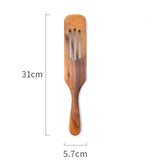 Set of five professional-grade teak wooden spatulas from WoodyKitchenware, ideal for cooking and stirring in the kitchen.