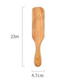Set of five professional-grade teak wooden spatulas from WoodyKitchenware, ideal for cooking and stirring in the kitchen.