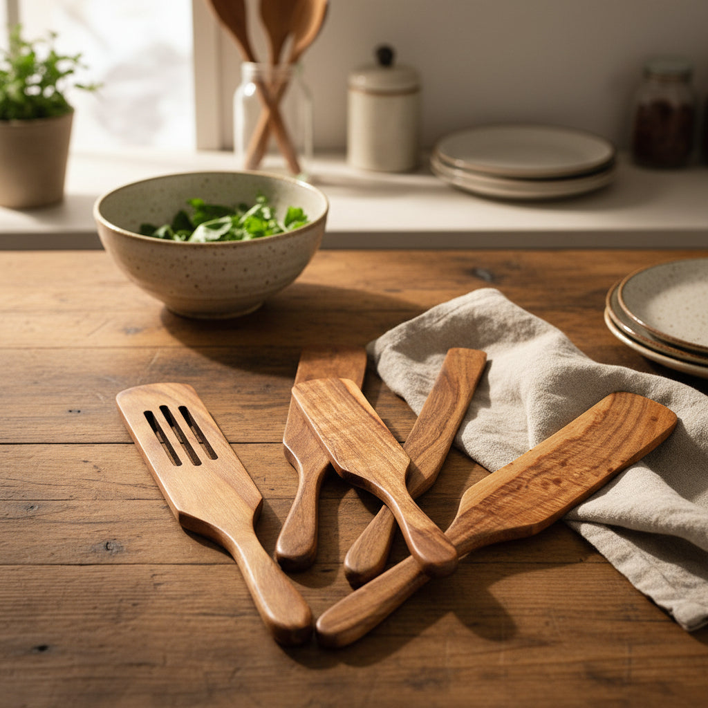 Set of five professional-grade teak wooden spatulas from WoodyKitchenware, ideal for cooking and stirring.