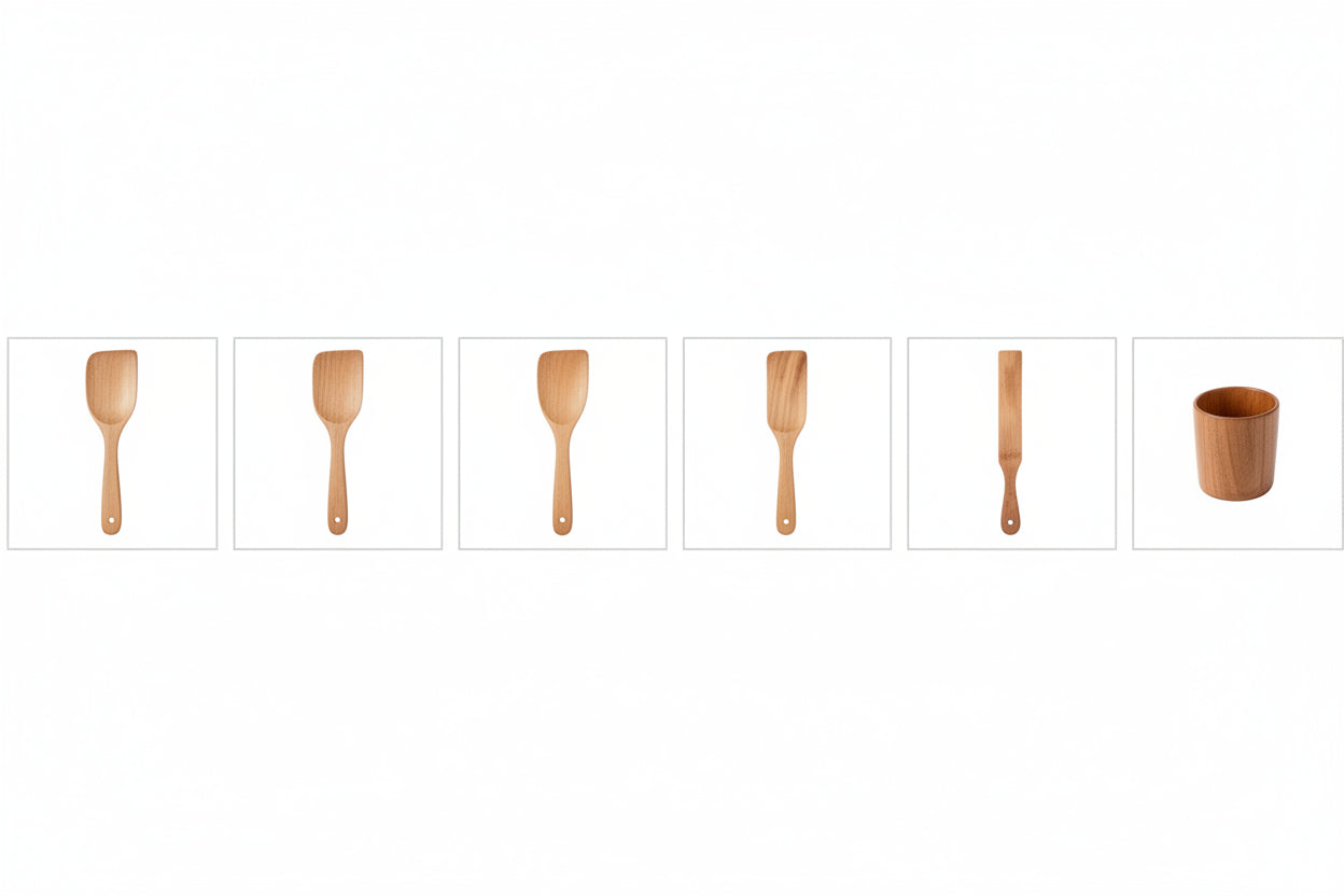 Set of five professional-grade teak wooden spatulas from WoodyKitchenware, ideal for cooking and stirring in the kitchen