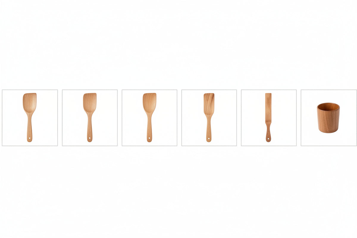Set of five professional-grade teak wooden spatulas from WoodyKitchenware, ideal for cooking and stirring in the kitchen