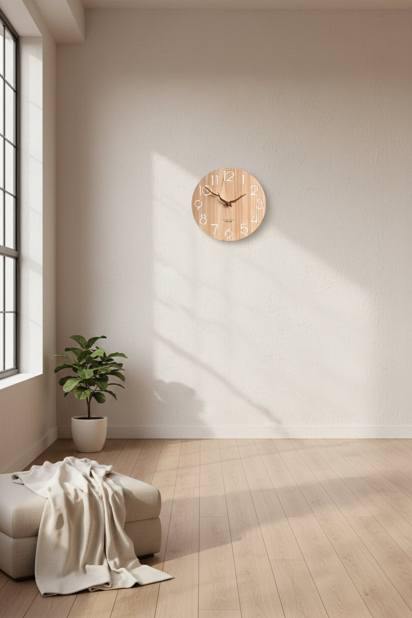 Stylish wooden wall clock by WoodyKitchenware featuring a creative design and whisper-quiet operation for elegant home decor.